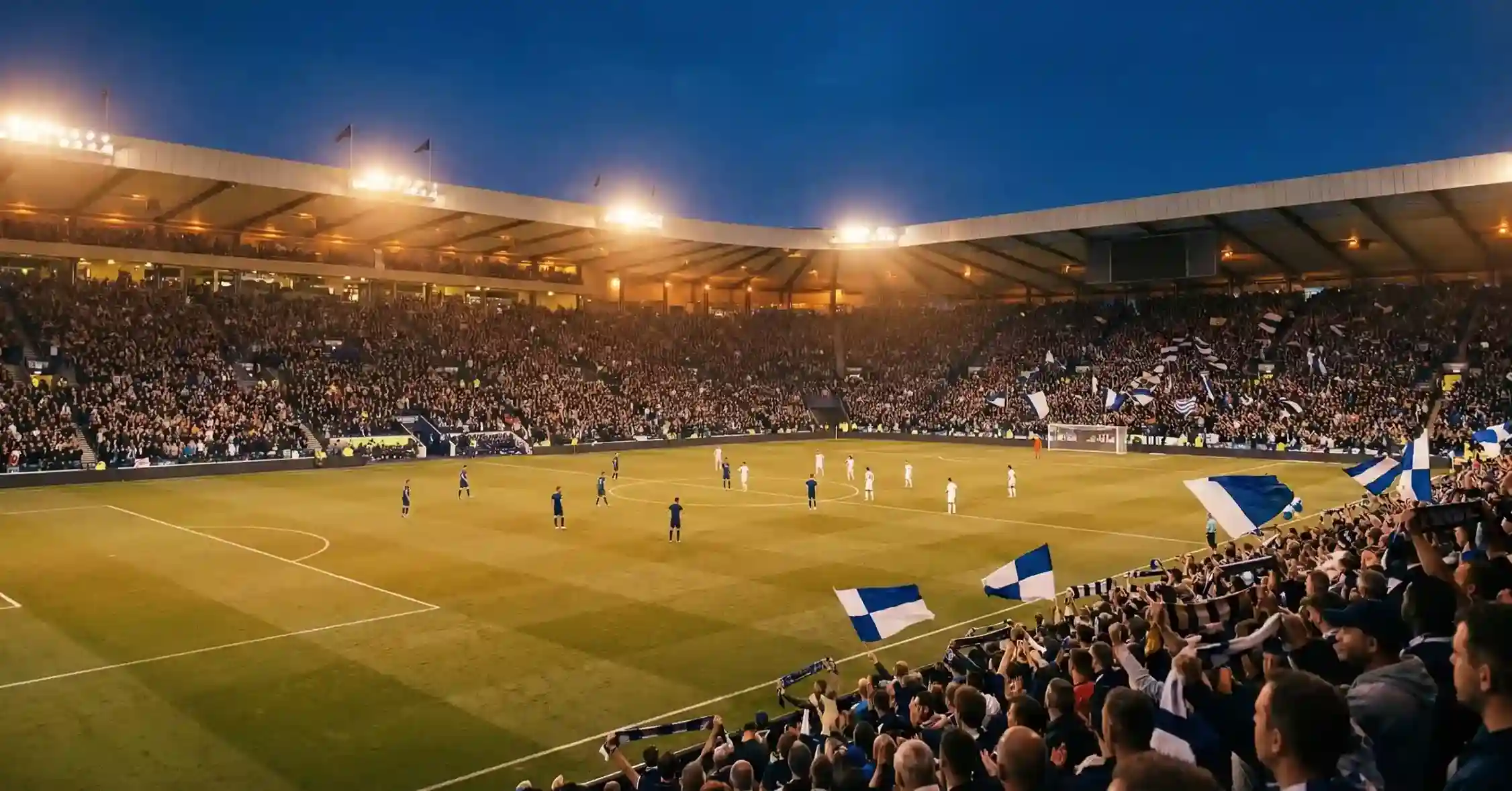 Voetbalwedstrijd in stadion met supporters op de tribunes