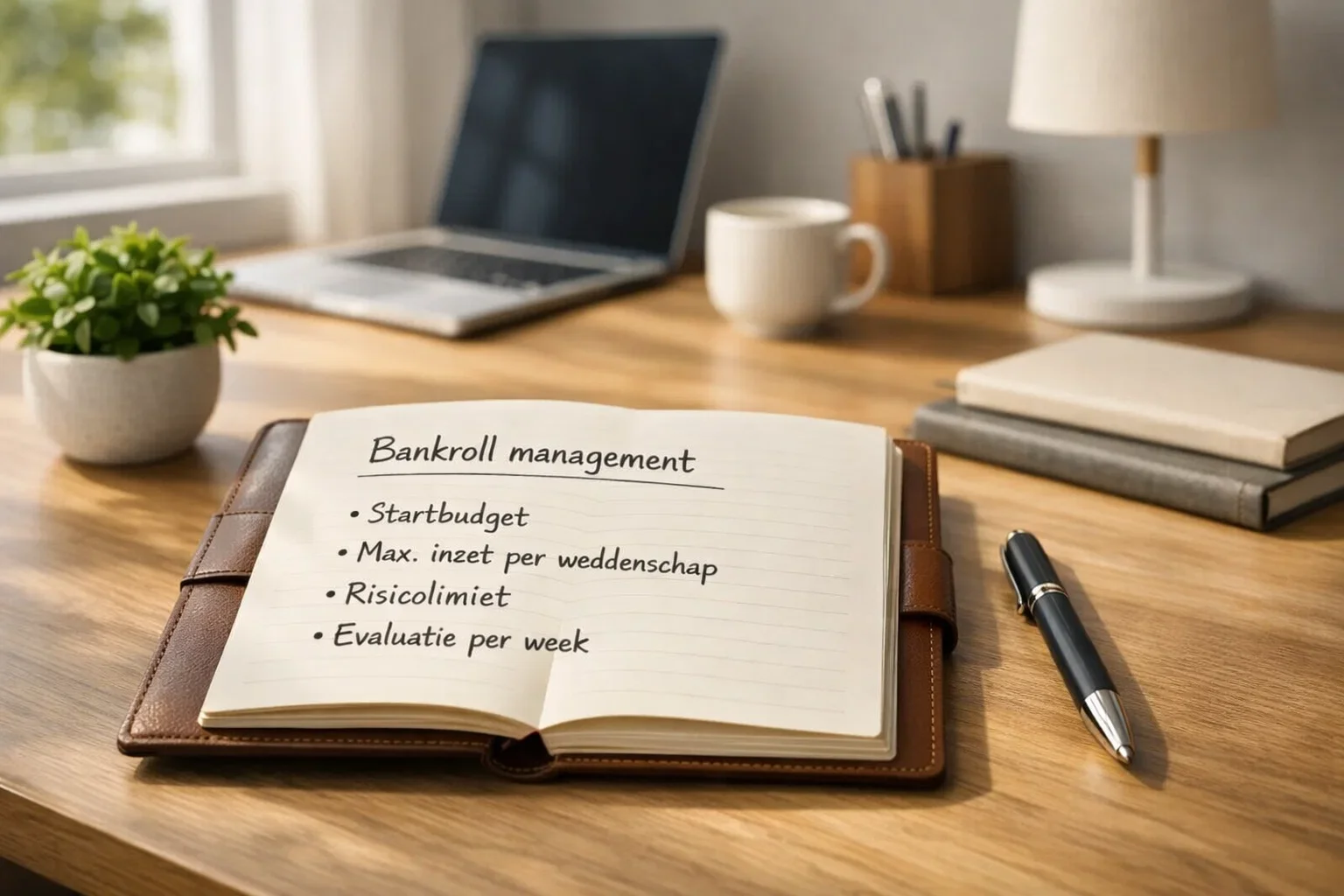 Georganiseerd bureau met notitieboek en pen voor financiële planning