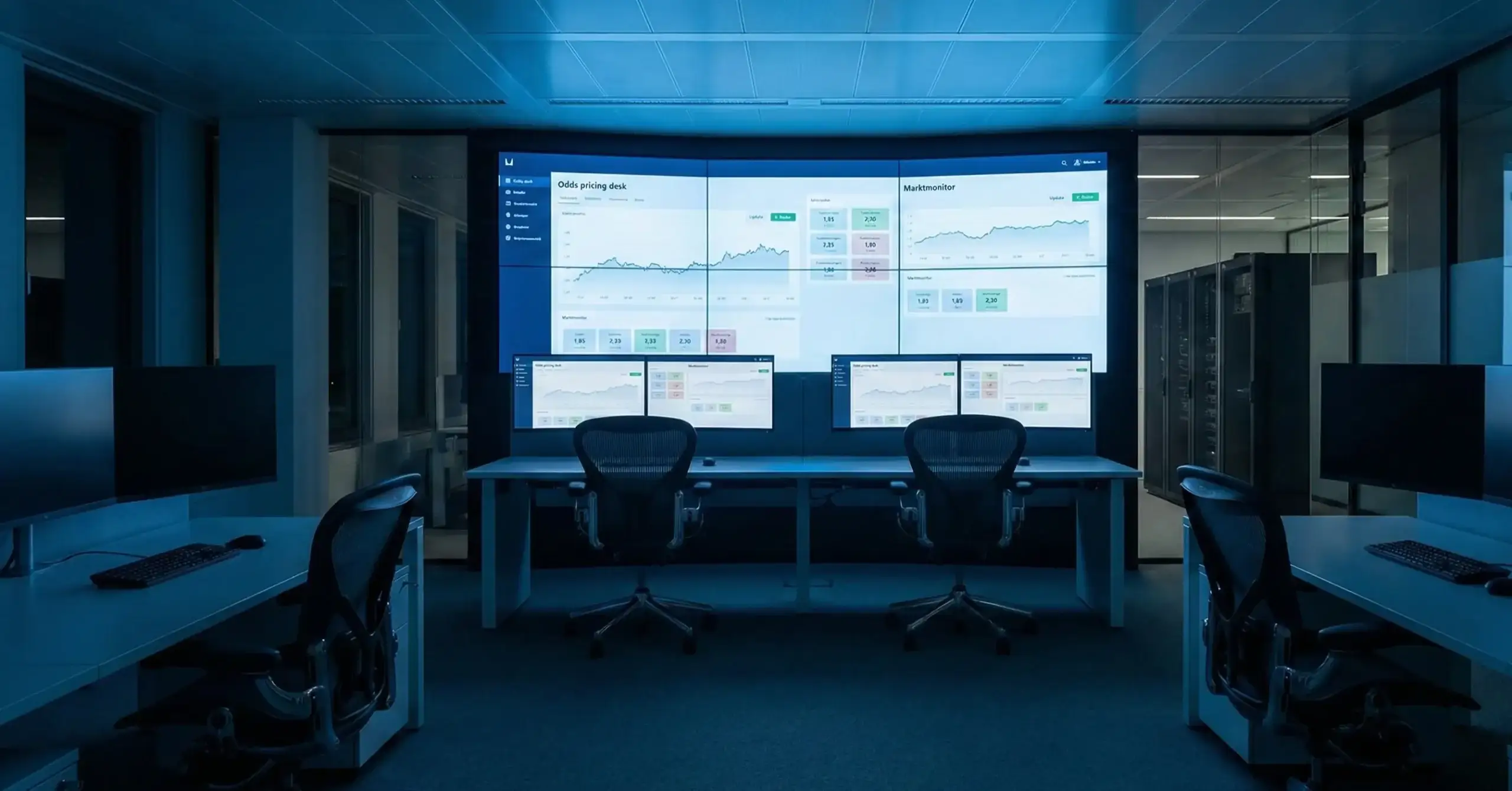 Modern kantoor met meerdere computerschermen die data tonen