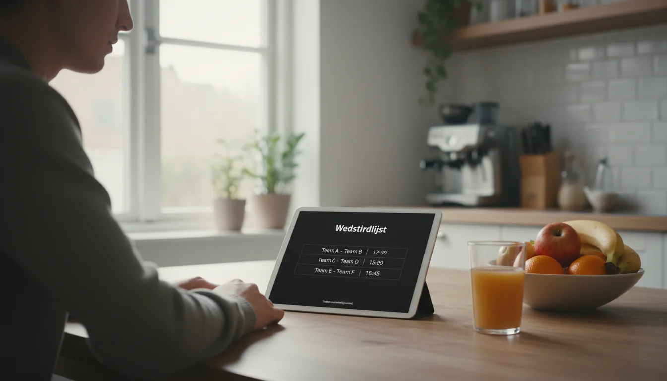 Persoon bekijkt wedstrijdprogramma op tablet aan keukentafel