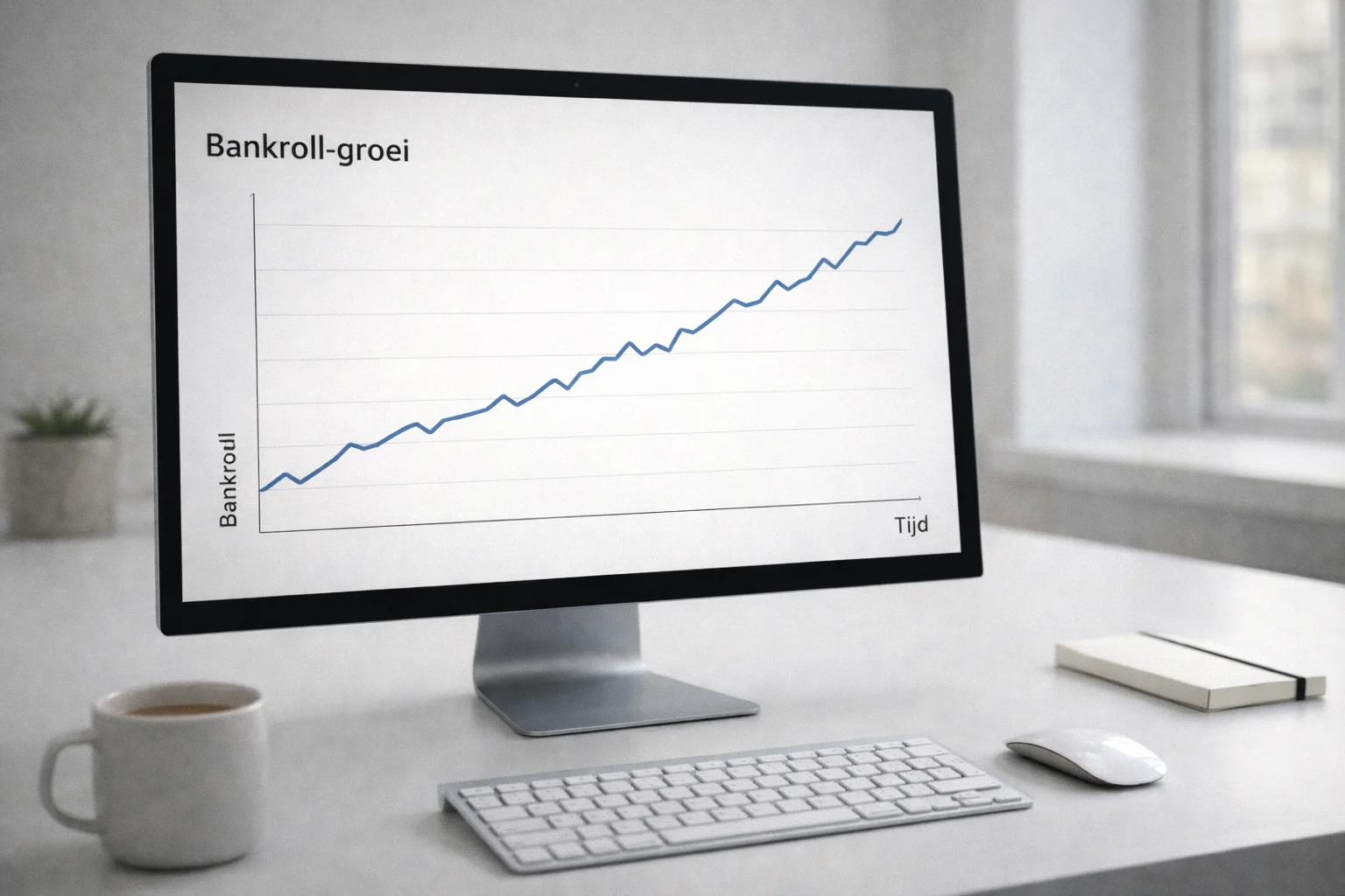 Stijgende lijngrafiek op computerscherm in kantooromgeving