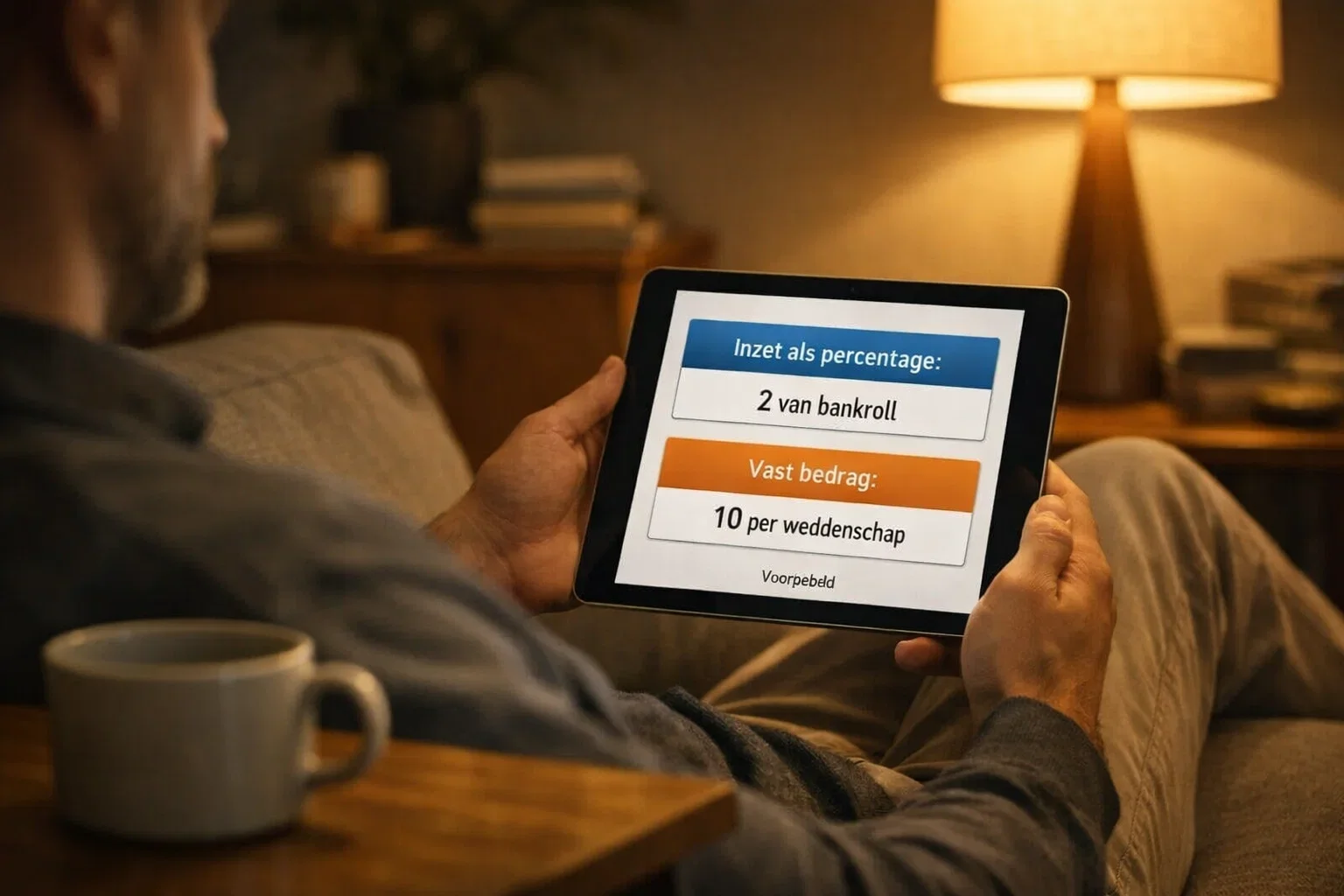 Persoon bekijkt financieel overzicht op tablet thuis
