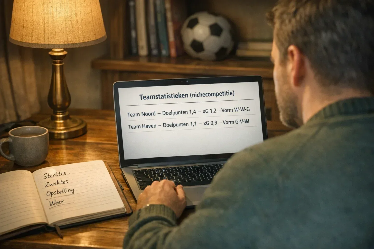 Persoon bestudeert voetbalstatistieken op laptop met aantekeningen