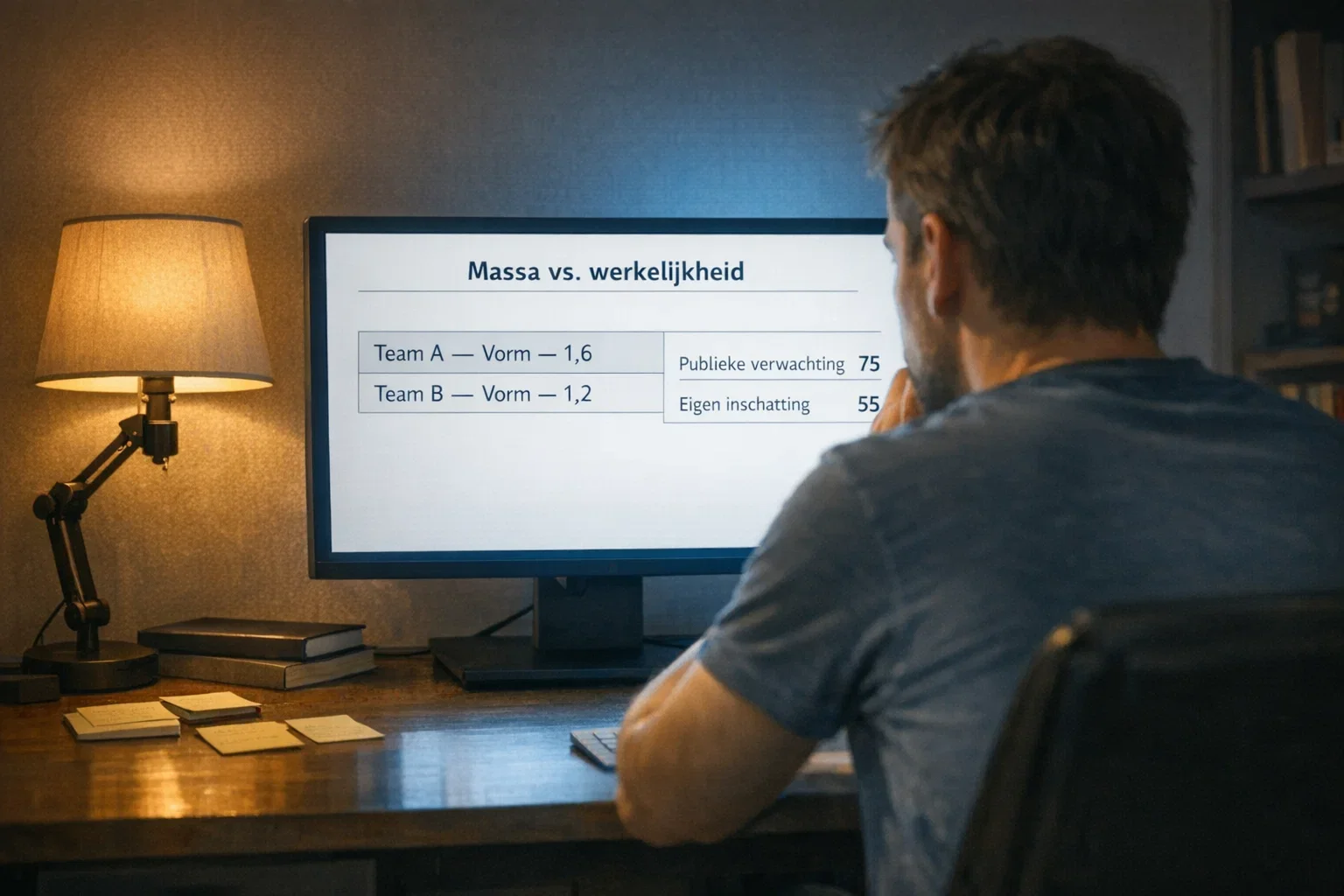Persoon analyseert sportdata op computer in rustige omgeving