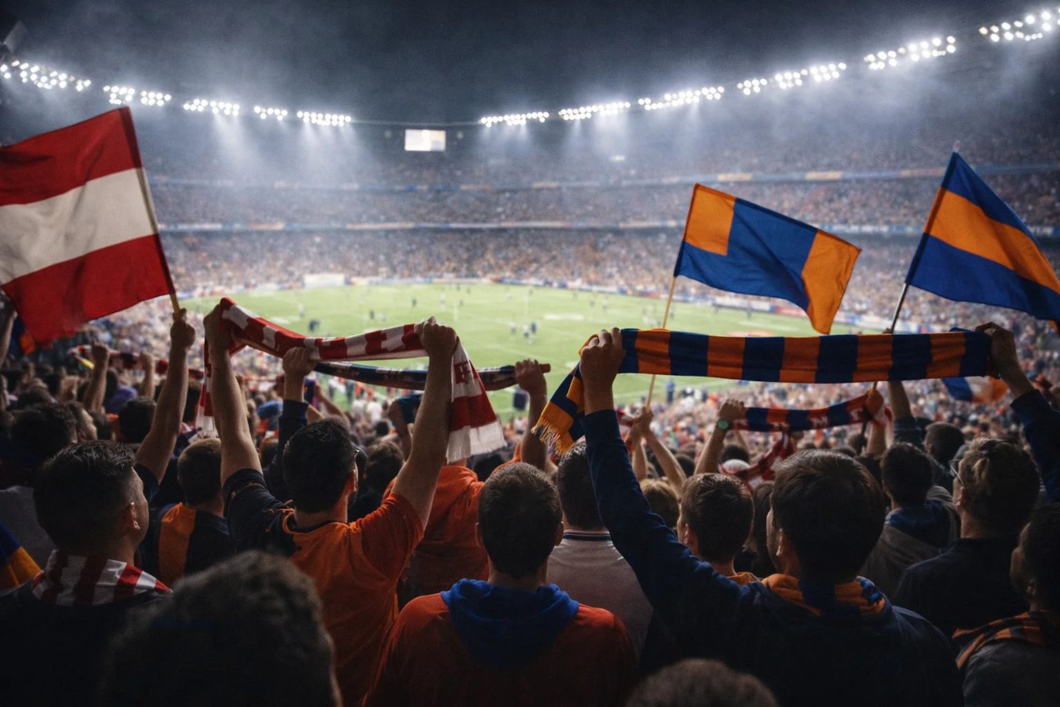Voetbalstadion met supporters tijdens belangrijke wedstrijd