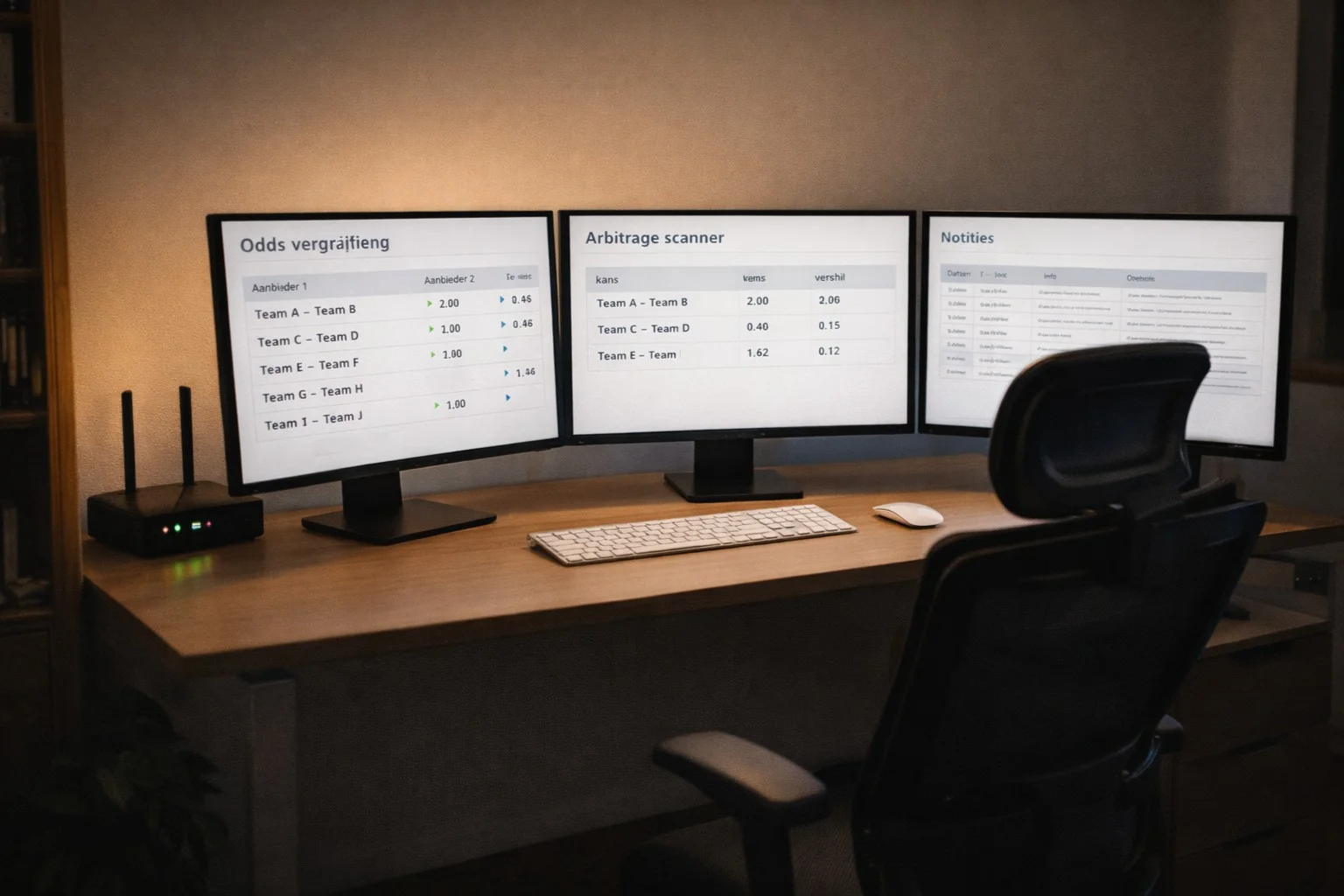 Professionele werkplek met meerdere monitors voor arbitrage