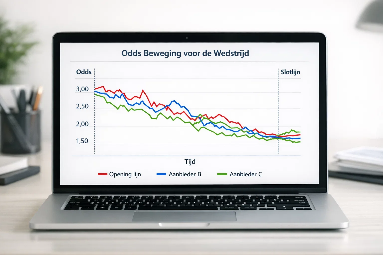 Lijngrafiek die odds beweging toont van opening tot closing