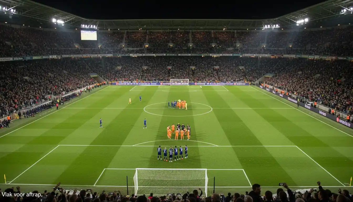 Voetbalstadion vlak voor aftrap met volle tribunes
