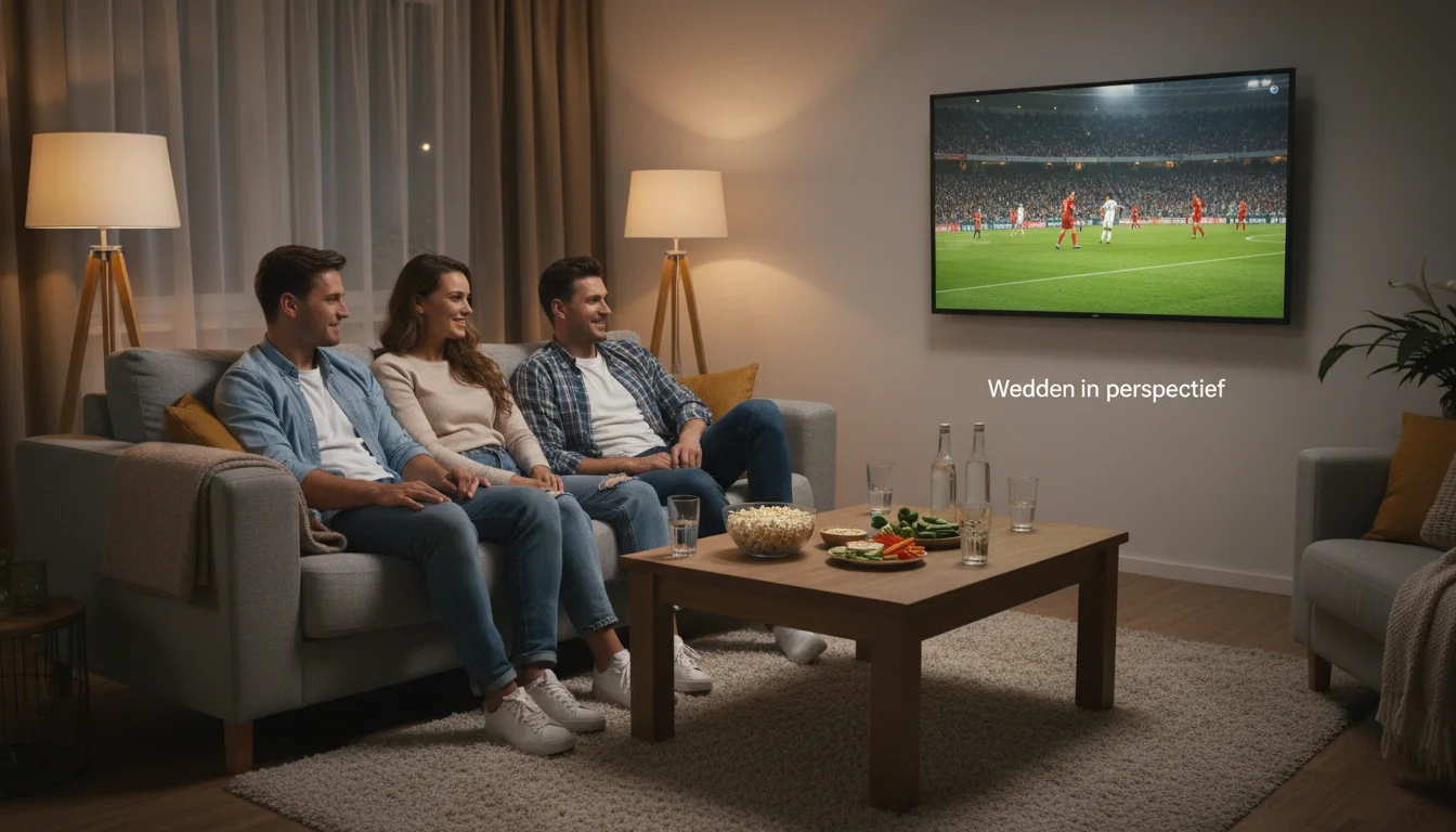 Groep vrienden kijkt ontspannen naar sport op televisie