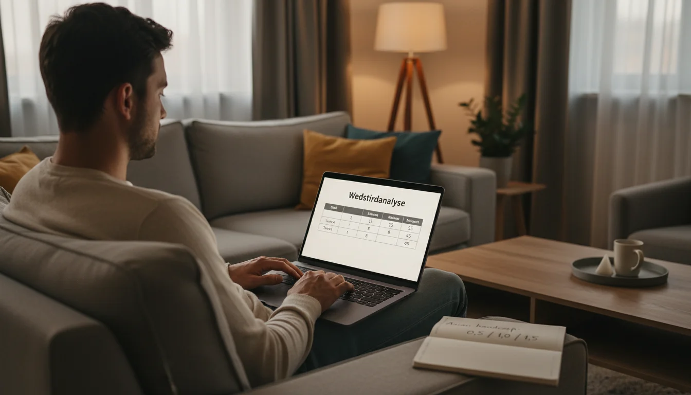 Persoon analyseert wedstrijdstatistieken op laptop in huiskamer