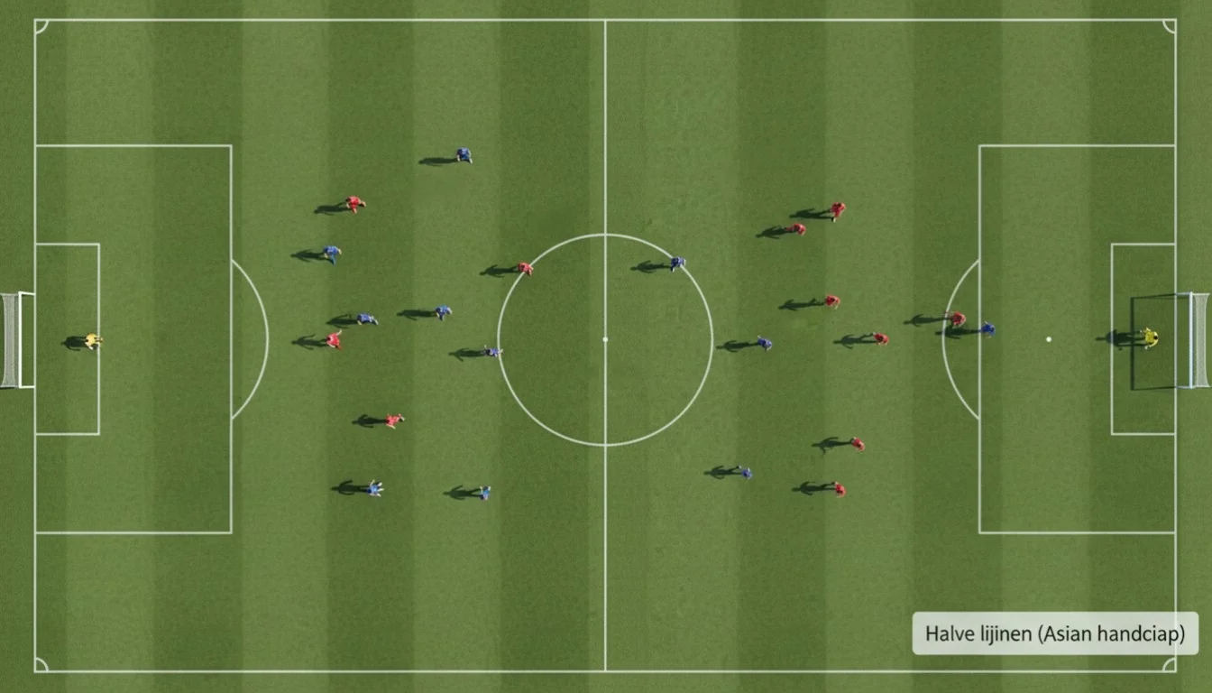 Bovenaanzicht van voetbalveld met spelers tijdens wedstrijd