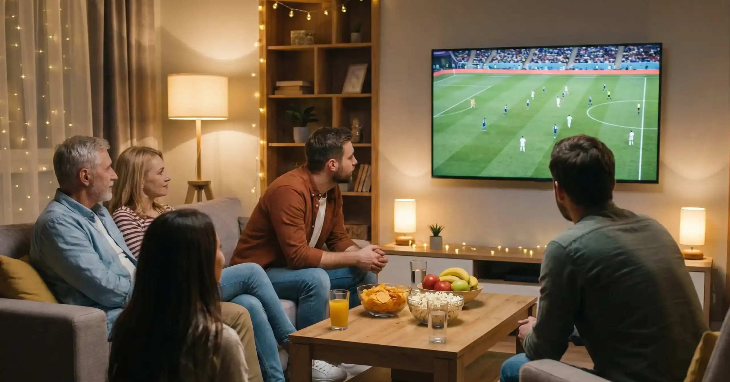 Groep vrienden kijkt samen naar voetbalwedstrijd op televisie