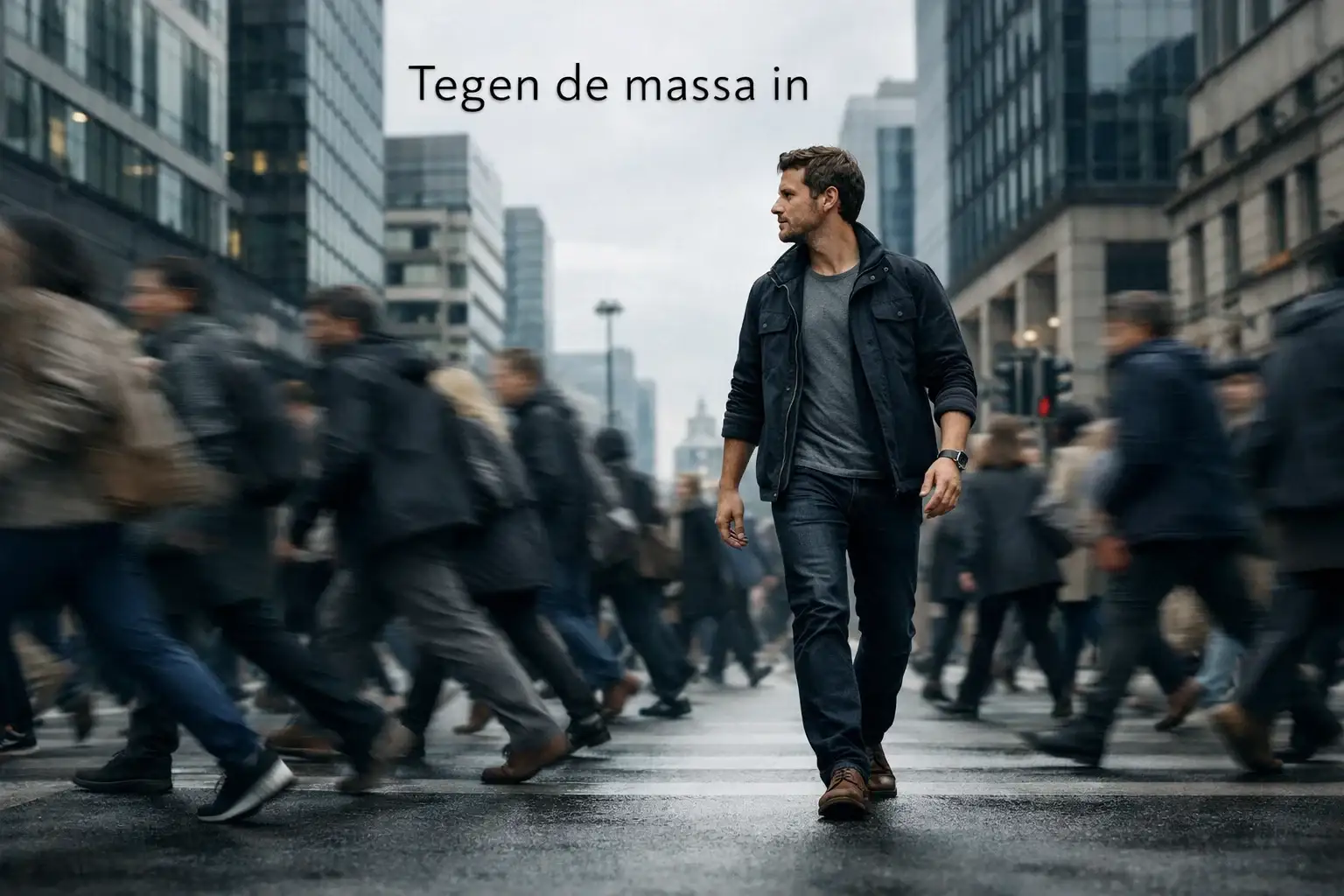 Eenzame persoon loopt andere richting dan menigte op straat