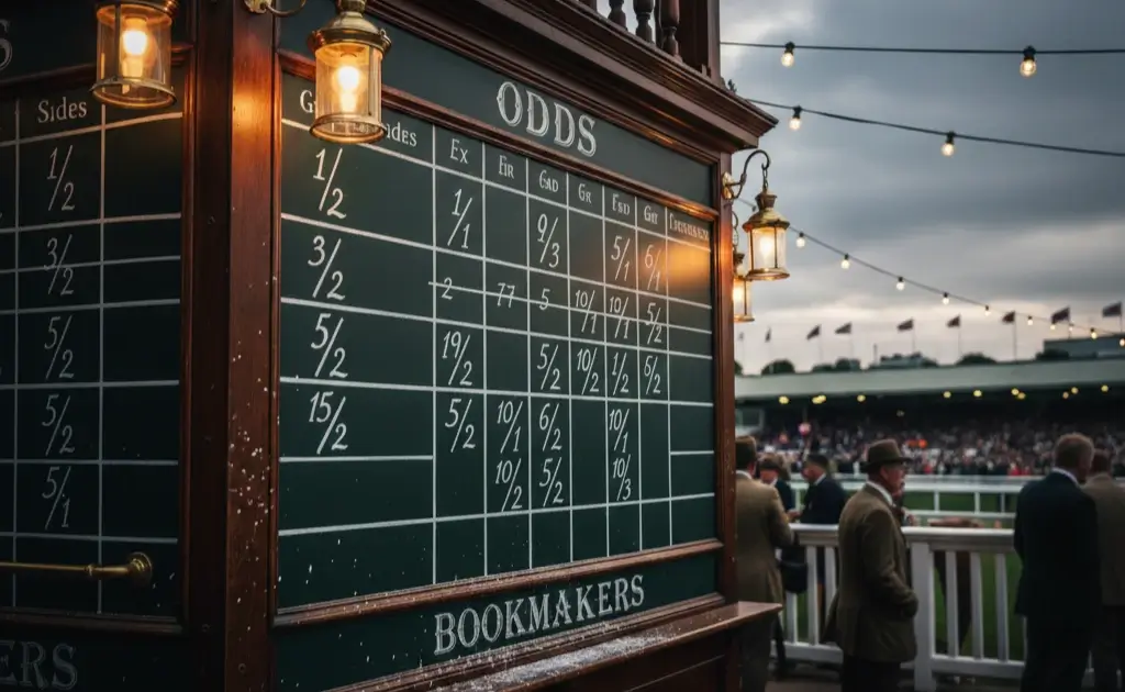 Fractionele odds op traditioneel Brits wedkantoor bord bij paardenraces