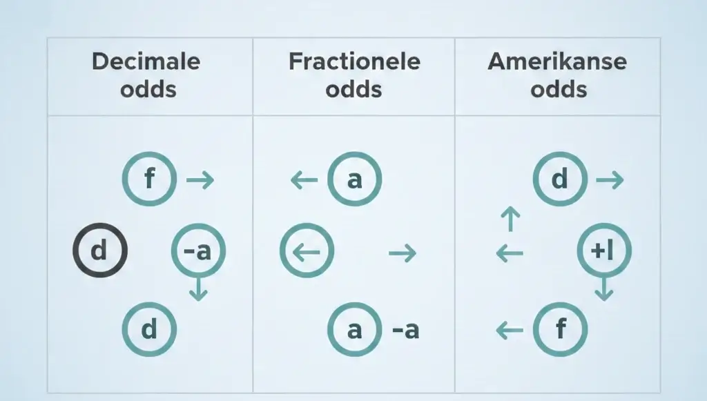 Conversietabel met formules voor omrekenen tussen decimale, fractionele en Amerikaanse odds