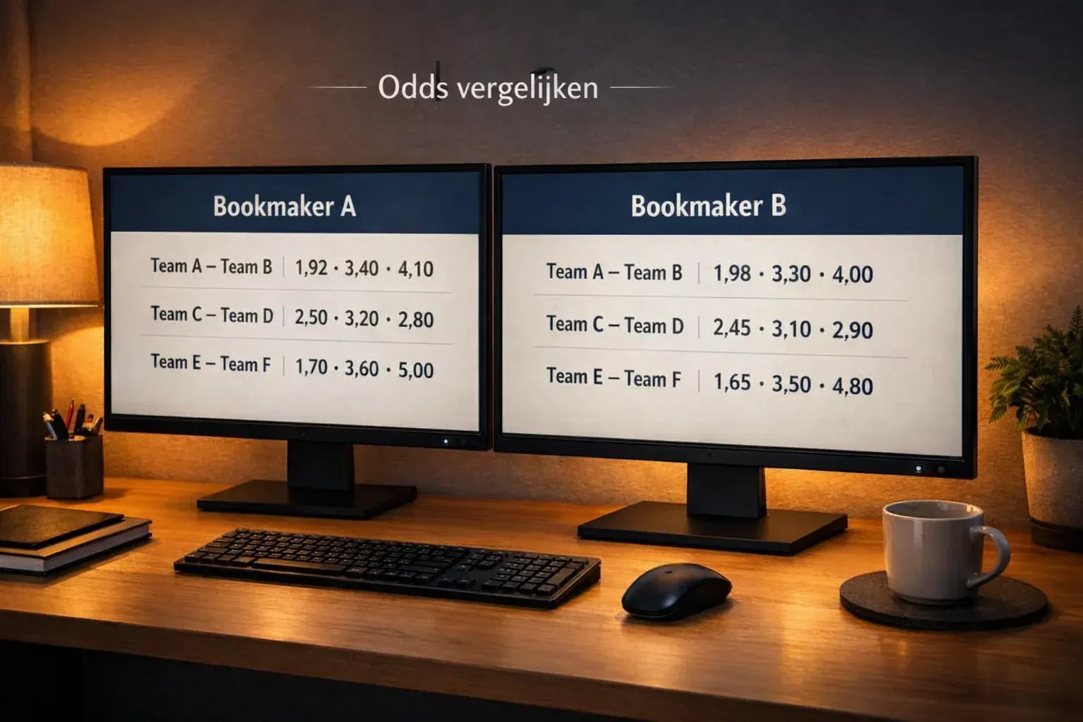 Meerdere computerschermen met sportweddenschap interfaces naast elkaar