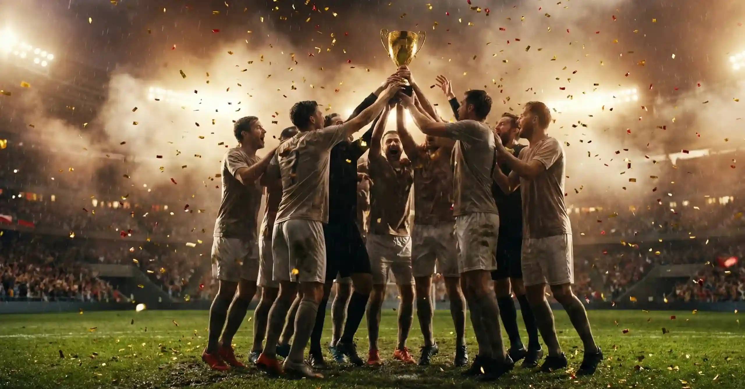Voetbalteam viert kampioenschap met trofee