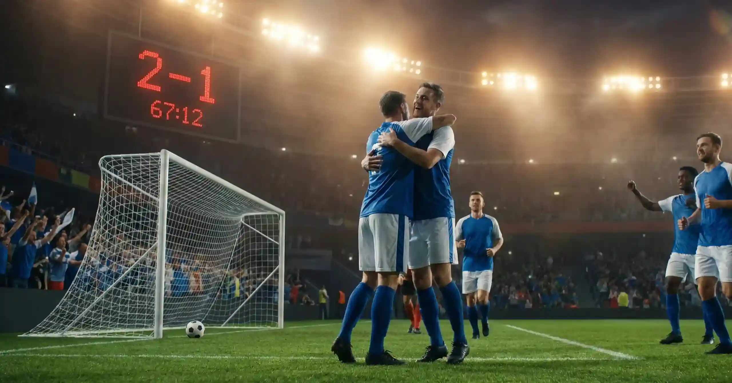 Voetbalwedstrijd met scorebord dat doelpunten toont