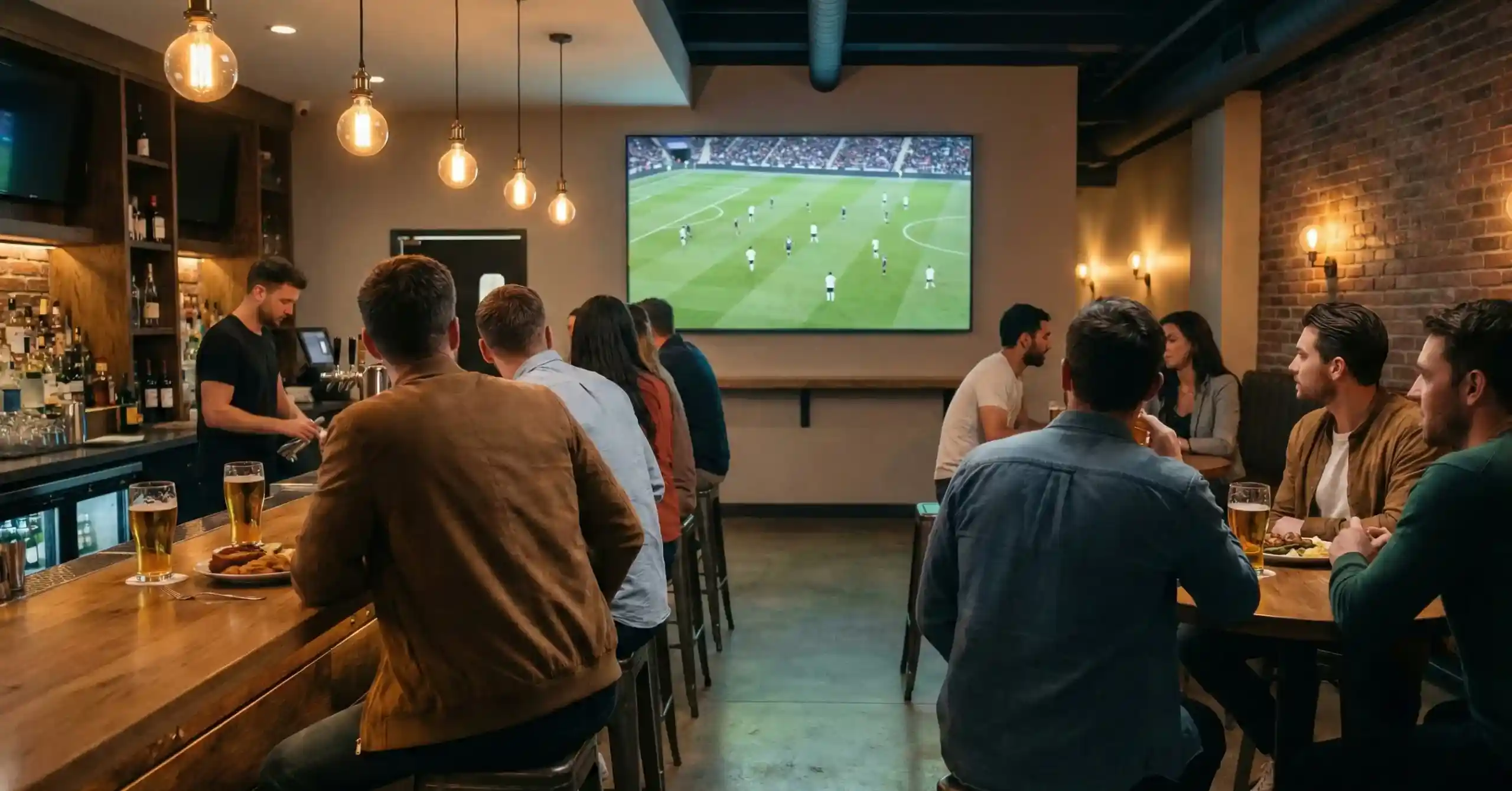 Voetbalwedstrijd op groot scherm in sportbar met toeschouwers